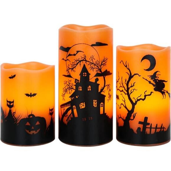 Halloween Flickering Flameless Candles with 6 Hour Timer, Battery - Picture 1 of 7